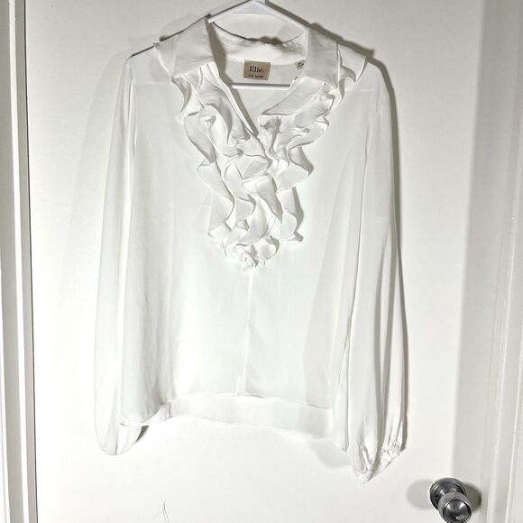 Elie Tahari White Ruffle Blouse 100% Chiffon Boho Wedding Designer M - Picture 1 of 8